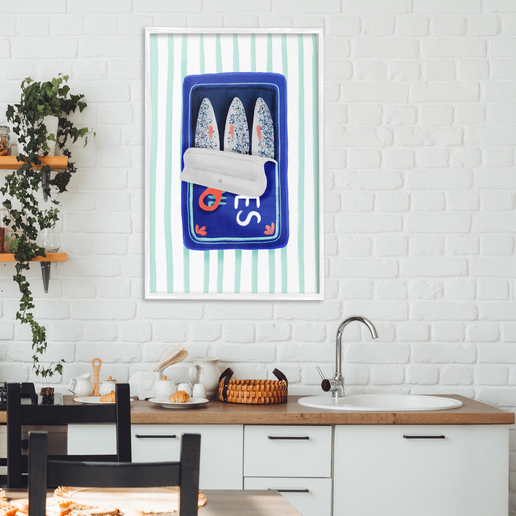 Stupell Industries Blue Sardines on Stripes White Framed Giclee Art, design by Metka Hiti