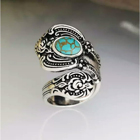HOOUN Vintage Jewelry Flower Silver Plated Spoon Rings Women Gift Party Ring Size 6-10-08#Turquoise Spoon Ring-10