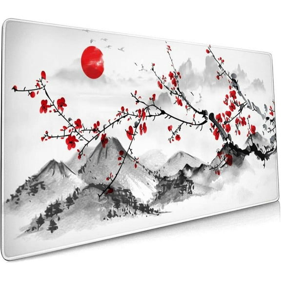 Extended Large Gaming Mouse Pad 35.4 X 15.7 Inch XXL Full Desk Japanese Art Style Cherry Blossom & Sakura Mousepad Non-Slip Rubber Base Big Keyboard Mat with Stitched Edges for Home Office