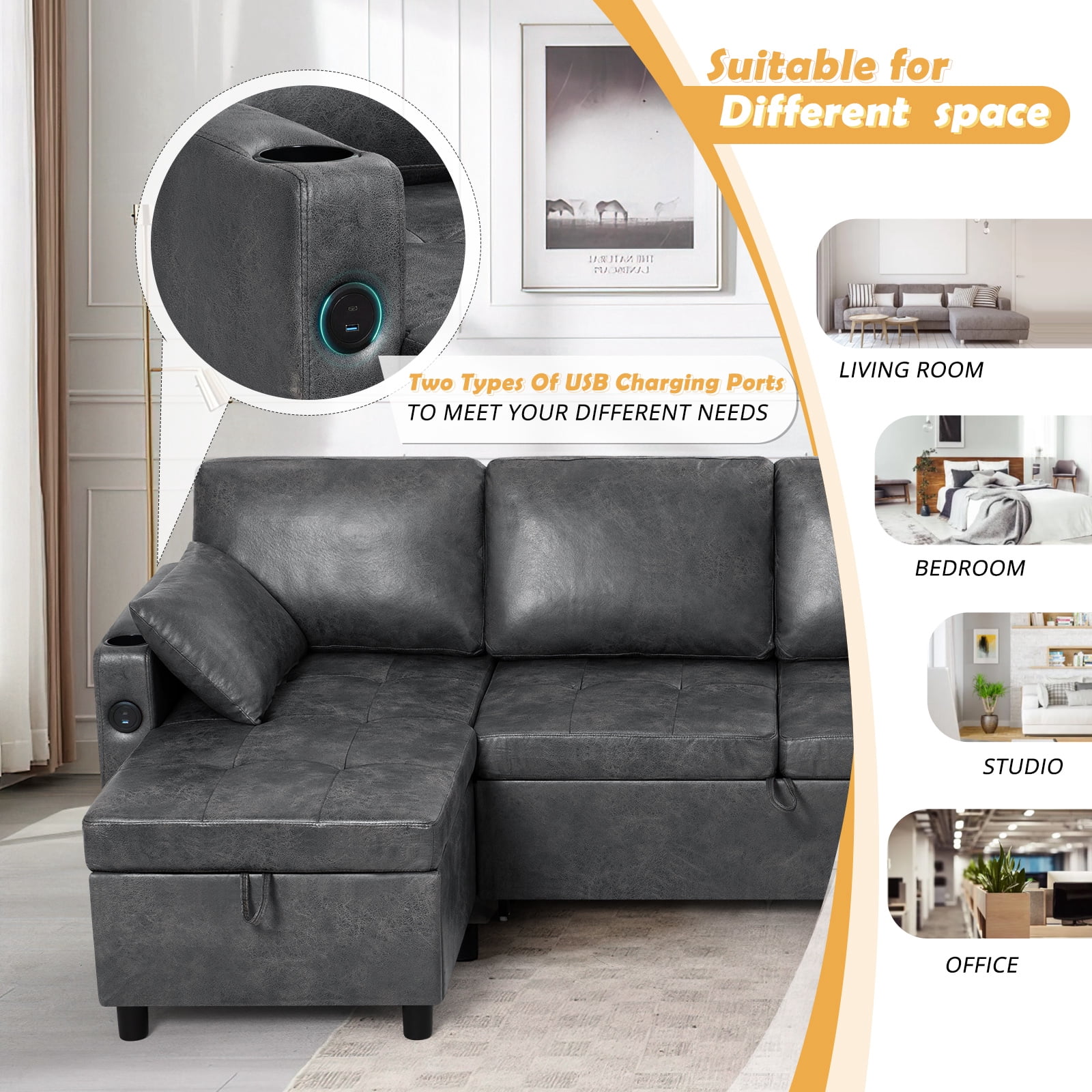ACMEASE 84" Suede Leather Sectional Sofa w/Adjustable Backrests, Pull Out Sofa Bed w/USB Charger Port& Reversible Storage Chaise,Convertible L-Shaped Sofa with Cup Holders for Living Room, Gray