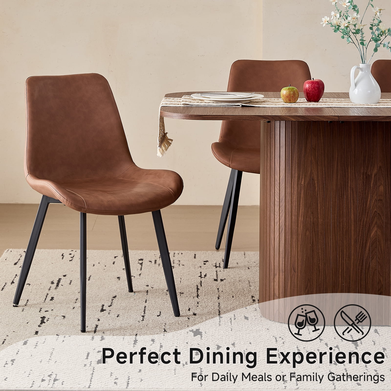 Dining Chairs Set of 4 Modern [Synthetic Leather] Upholstered Kitchen Chairs with Contoured Backrest Metal Legs for Dining Living Room Home, Brown