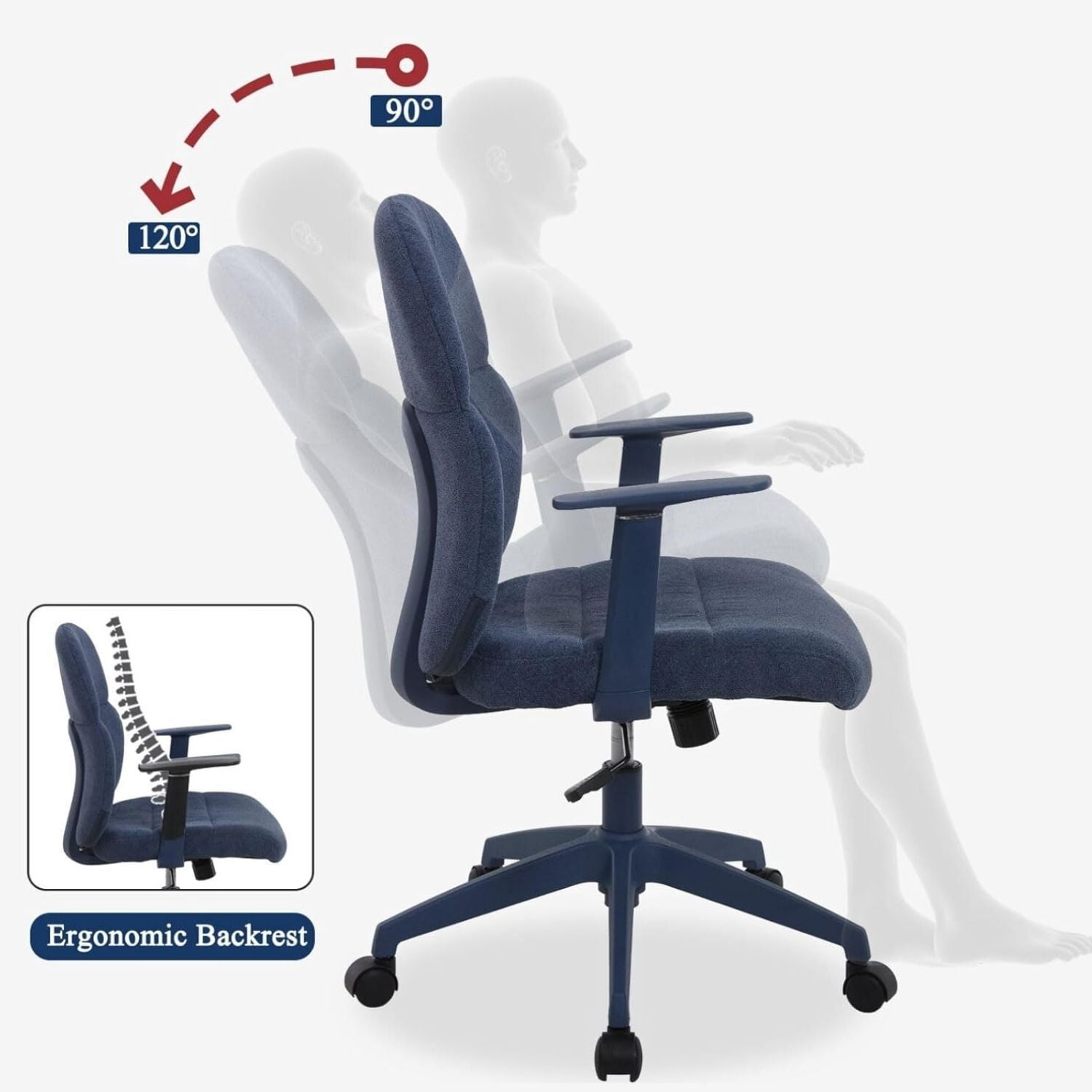 Dayalane Modern Adjustable Office Chair, Swivel Fabric Ergonomic Task Chair with Armrests, 90-120° Tilt Function and Wide Cushion Desk Chair for Home/Bedroom/Study/Office/Conference Room, Blue