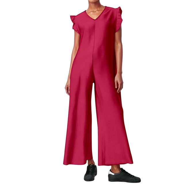 Mono sin mangas para mujer con pantalones anchos y mangas con volantes - Mezcla de lino, vestido para el trabajo, negocios, bailes y cócteles