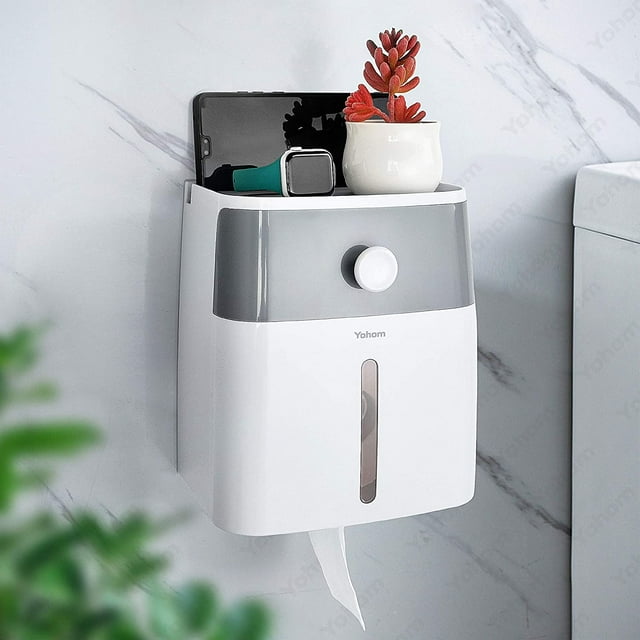 Support Mural pour Rouleaux de Papier Hygiénique avec Tablette, Support Adhésif pour Boîte à Mouchoirs, Distributeur de Papier Hygiénique avec Tiroir, Résistant aux Chats, Imperméable, pour Rangement de Papier Hygiénique, Blanc et Gris
