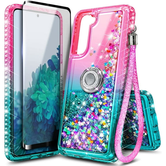 Nagebee Case for Samsung Galaxy S21 FE 5G with Tempered Glass Screen Protector (Full Coverage), Sparkle Glitter Liquid Bling Diamond [Ring Holder & Strap] Women Girls Cute Case (Pink/Aqua)