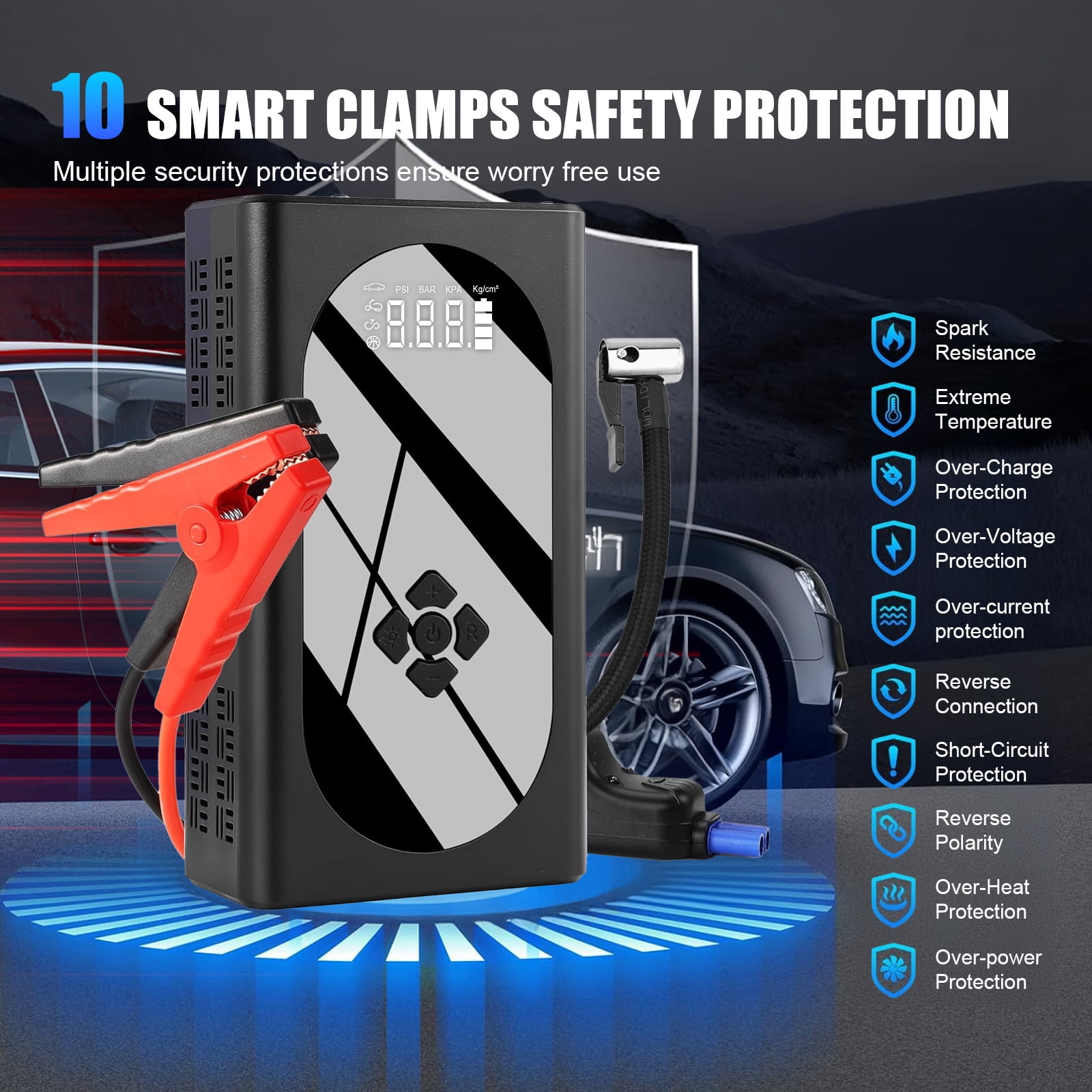 Car Battery Jump Starter, 3000A 12V, with Air Compressor, USB Power Bank