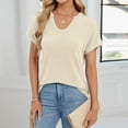 thumbnail image 5 of Htigea Womens Summer V Neck T Shirts Casual Roll Short Sleeve Tops Loose Fit Basic Tee with Pocket Fall Savings Beige,XL, 5 of 6