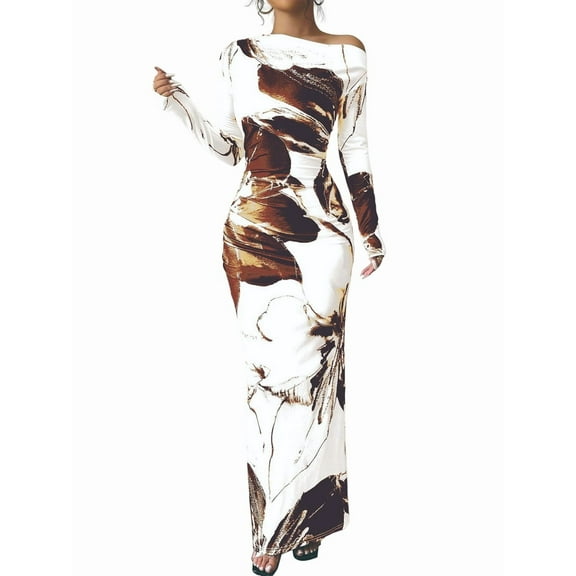 Women'S Fall Spring Fashion Long Sleeve Floral Print Tight Fitted Party Club Ruched Maxi Dresses Coffee Color S