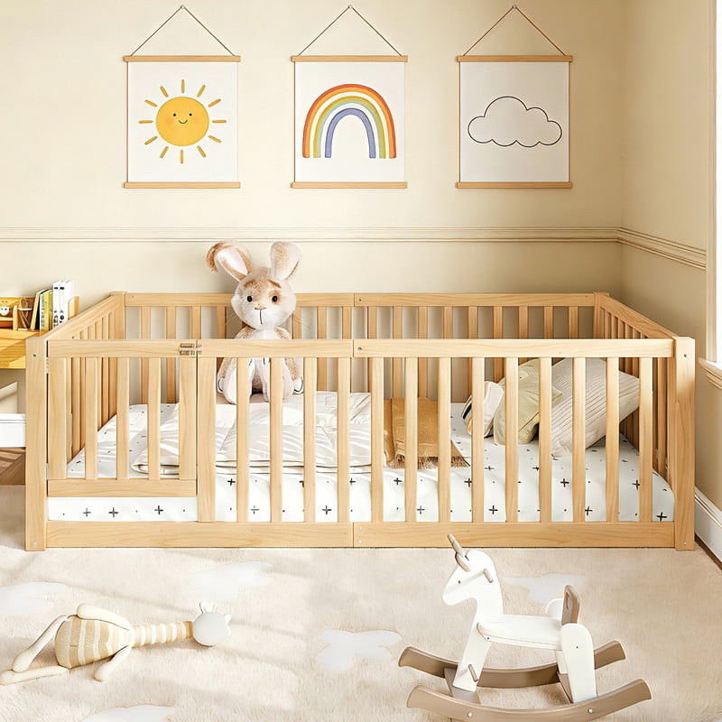 Bellemave Twin Montessori Bed Frame, Wood Twin Size Floor Bed with High Fence Rails, Twin Beds Frame for Bedroom Playroom (Natural)