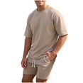 thumbnail image 6 of hotojiny Mens 2 Piece Outfits Summer Textured T-Shirt and Drawstring Shorts Set Comfortable Short Sleeve Travel Outfit(Khaki,X-Large), 6 of 6