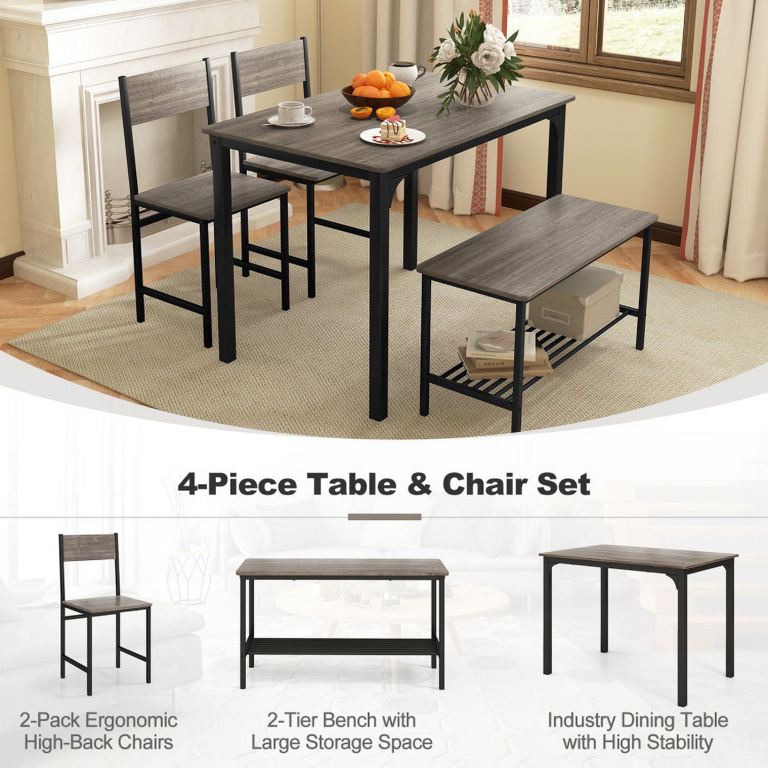 Finihen Dining Set, Dining Table Set, 4 Pieces Rustic Dining Table Set with 2 Chairs and Bench, for Home, Restaurant, Gray Finihen Dining Set, Dining Table Set, 4 Pieces Rustic Dining Table Set with 2 Chairs and Bench, for Home, Restaurant, Gray