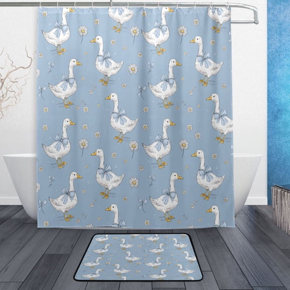 Bathroom Sets Curtain and Rug Sets 23.6x15.7 in Non-Slip Mat and 60x72 in Shower Curtain for Home Bath Dcor Cute Geese and Daisies