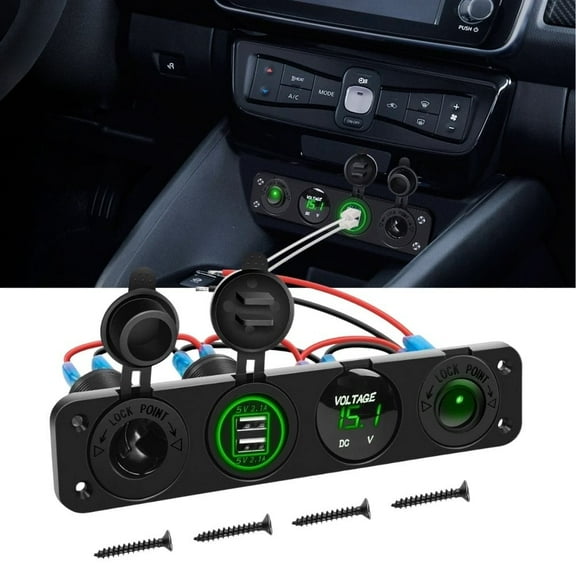 Waywe 4 in 1 ON Off Charger Socket Panel Dual USB Socket Power Outlet LED Voltmeter Cigarette Lighter Socket LED Lighted ON Off Rocker Toggle Switch for Truck Car Marine Boats RV