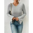 thumbnail image 5 of Women'S Bell Sleeve Crop Tops Dressy Casual Crewneck Lettuce Trim Ribbed Fitted Shirts Light Gray XL, 5 of 9