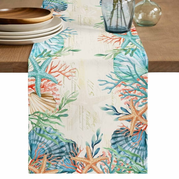 Beige Coastal Cotton Linen Table Runner for Dining Kitchen, Summer Nautical Beach Coral Starfish Wedding Outdoor Party Tablerunners Decoration, Dresser Scarf Coffee Tablecloth Runners 13x60 Inches