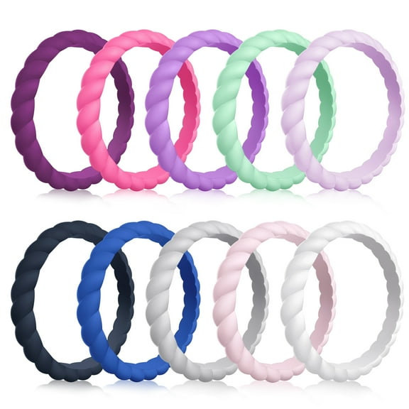 Mokani Silicone Wedding Ring for Women, 10-Pack Thin and Braided Rubber Band, Size 7