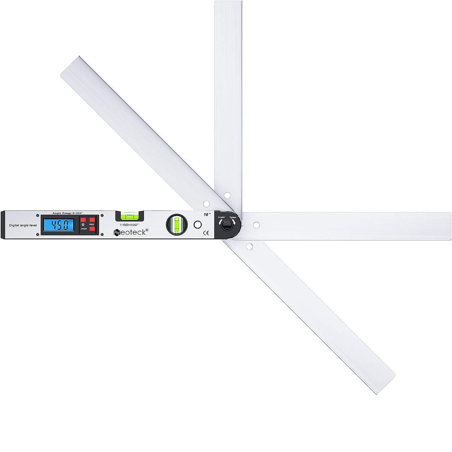 Esynic Aluminum Digital Angle Finder Protractor 225° 16 inch Backlit LCD Digital with Horizontal and Vertical Bubble - Silver