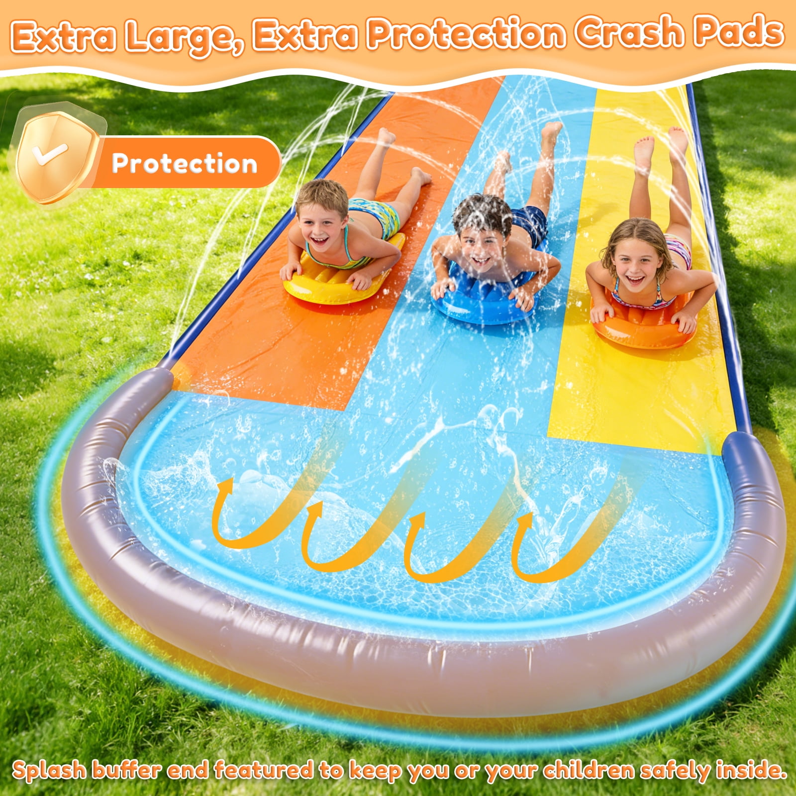 Teblint 22.3FT Triple Lawn Water Slides, Heavy Duty Water Slip Splash Pad with Built in Sprinkler & 3 Bodyboards for Backyard Outdoor Water Fun Toys for Kids Adults