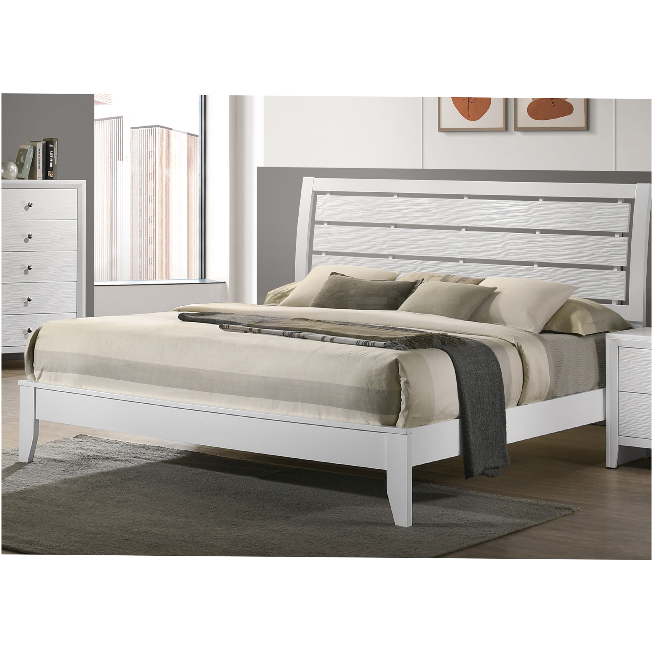 JERFIT King Size Panel Bed Frame with Geometric Headboard, White Wood Platform Bed with Slat Support, Low Profile Footboard Tapered Legs, Easy Assembly Modern Bedroom Furniture