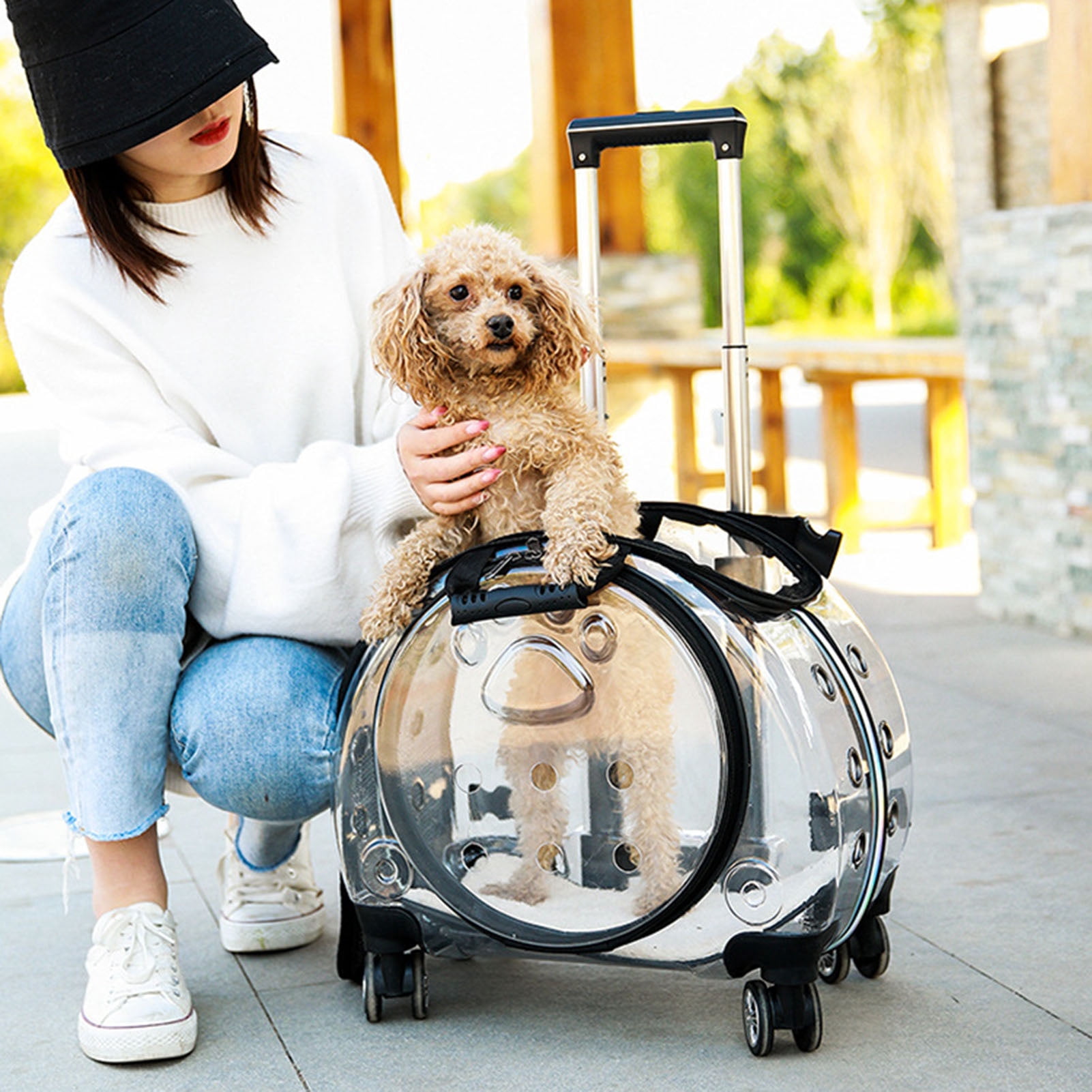 Happydeer Backpack Pet Trolley Case 2 in 1 Pet Outting Pet Suitcase, Removable Shoulder Strap, Clear Ventilation Holes Silent Wheels Portable Cats Dogs Backpack, Black