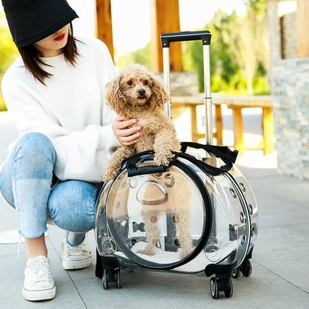 Leadrop Pet Trolley Case  Clear Pet Carrier with Convenient Handle Ventilation Holes Silent Wheels Cat Dog Outing Shoulder Bag for Traveling/Taking a Walk