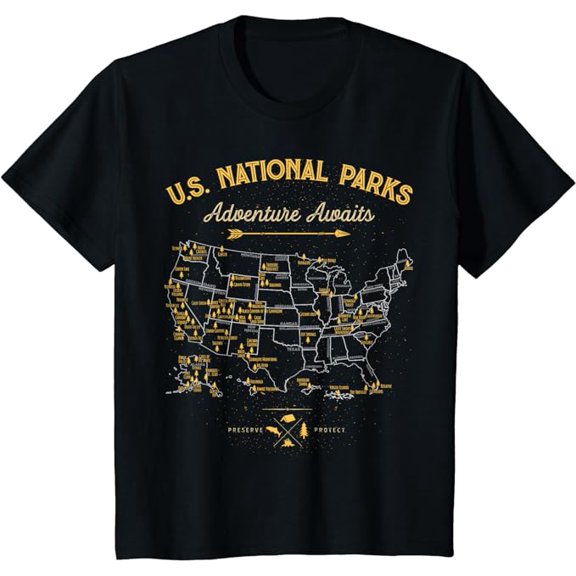 63 National Parks Map US Park Vintage Camping Youth T-Shirt, Retro Shirt For Boys Girls Kids Toddler, Black Color, Size XS