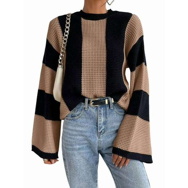 Suéter de Punto con Cuello Alto y Mangas Acampanadas con Bloques de Color para Mujer Caqui M
