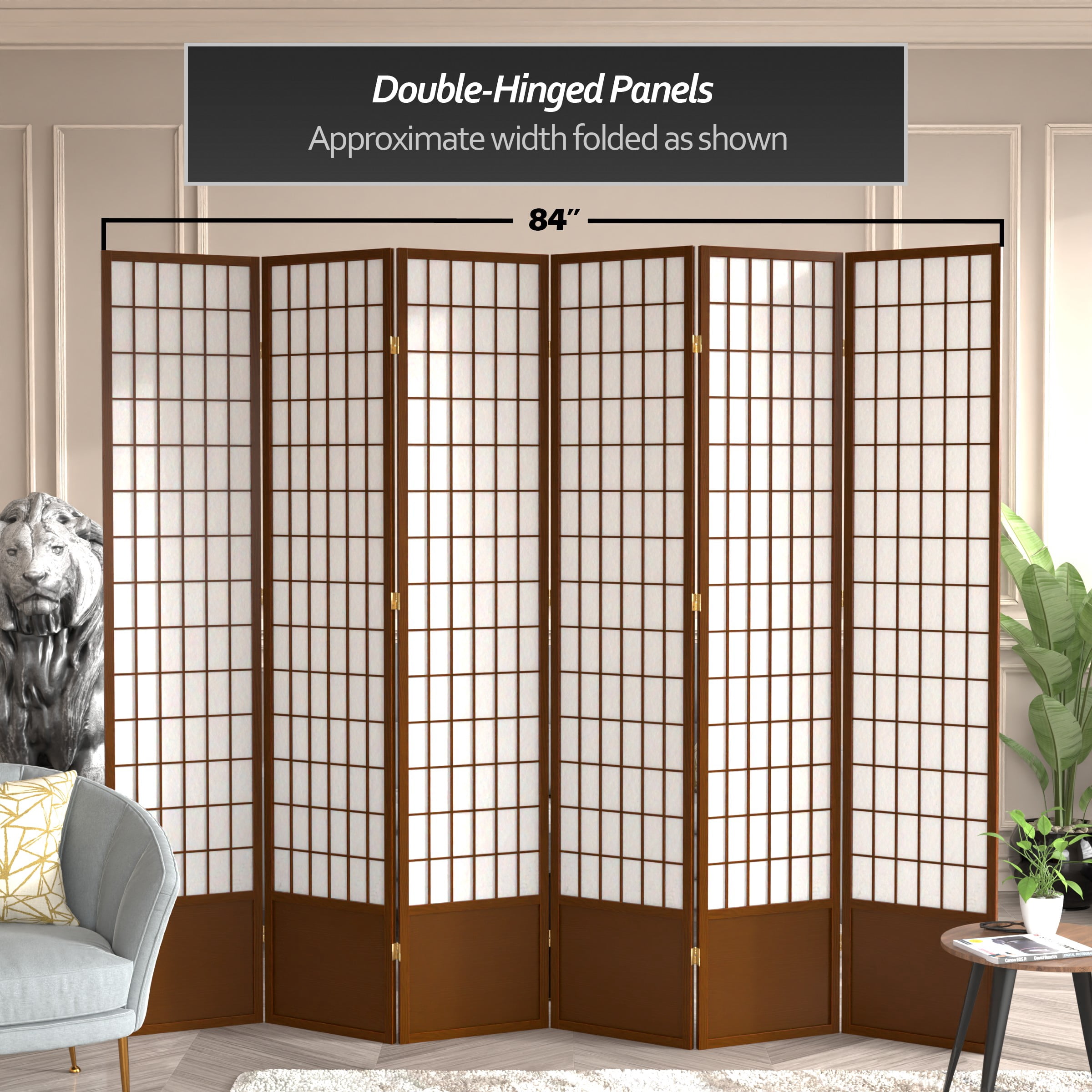 Red Lantern 7 ft. Tall Window Pane Shoji Screen - Walnut - 6 Panels