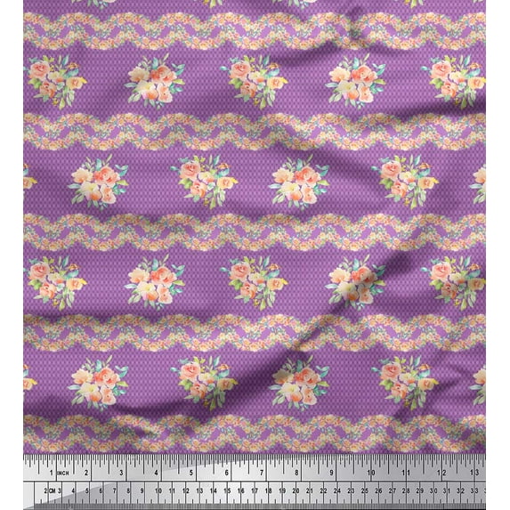Soimoi Purple polyester Crepe Fabric Leaves,Peach Flower & Stripe Print Fabric by The Yard 42 Inch Wide