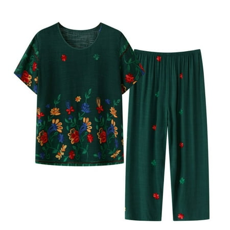 

Xihbxyly Linen Sets for Women 2 Piece Button Down Pajamas for Women Plus Size Summer Outfits Printed Loungewear Short Sleeve Button Down Two Piece Shirt Cropped Pants Army Green XL Women Clearance
