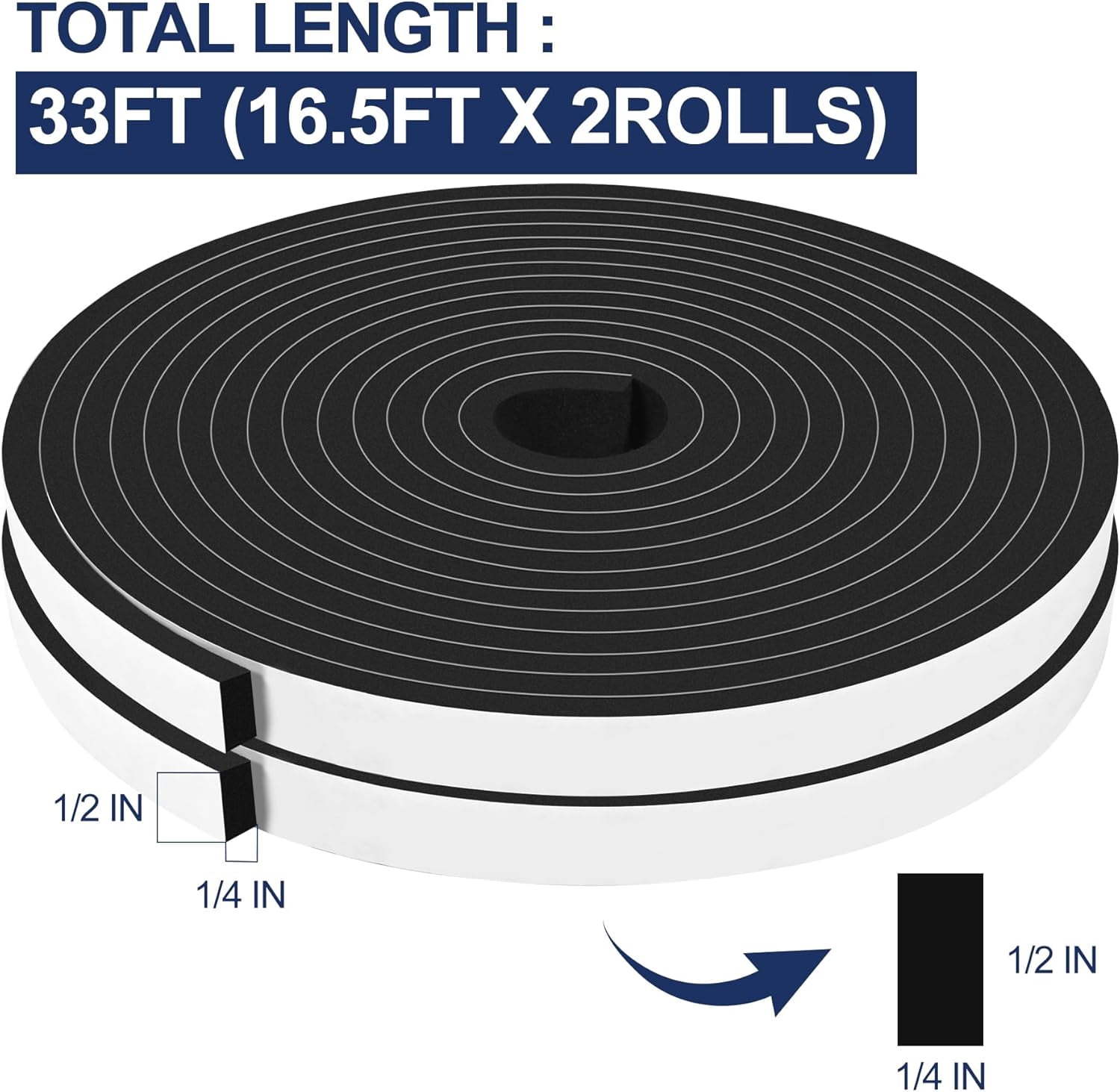 FRKSMD-33Ft Foam Tapes Self Adhesive Foam Seal Strips 1/2In x 1/4In x 16.5Ft Each Roll Weatherstrips High Resilience Weather Stripping Door Seals for Door Soundproofing, Window Insulation (2R, Black)