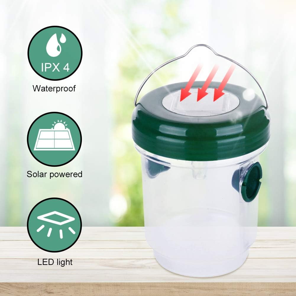 2 Pack Solar Wasp Traps Solar Powered Wasp Killer Hanging with UV LED Light Reusable Bee Trap Catcher Outdoor for Hornets
