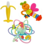 Silicone Rattle and Sensory  Teether Ball with Butterfly Rattle with Banana Teething Massaging Toothbrush Baby ,BPA Free