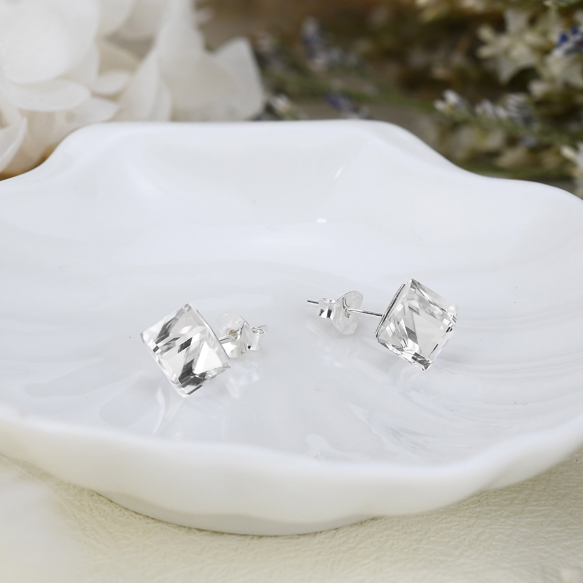 Clear Crystal Prism Cube .925 Sterling Silver Stud Earrings