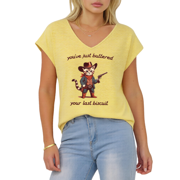 Giffimy Women's Cowboy Cat Last Biscuit Print Yellow S-5XL V-Neck Sleeveless T-Shirt Funny Cat Lover Tank Top
