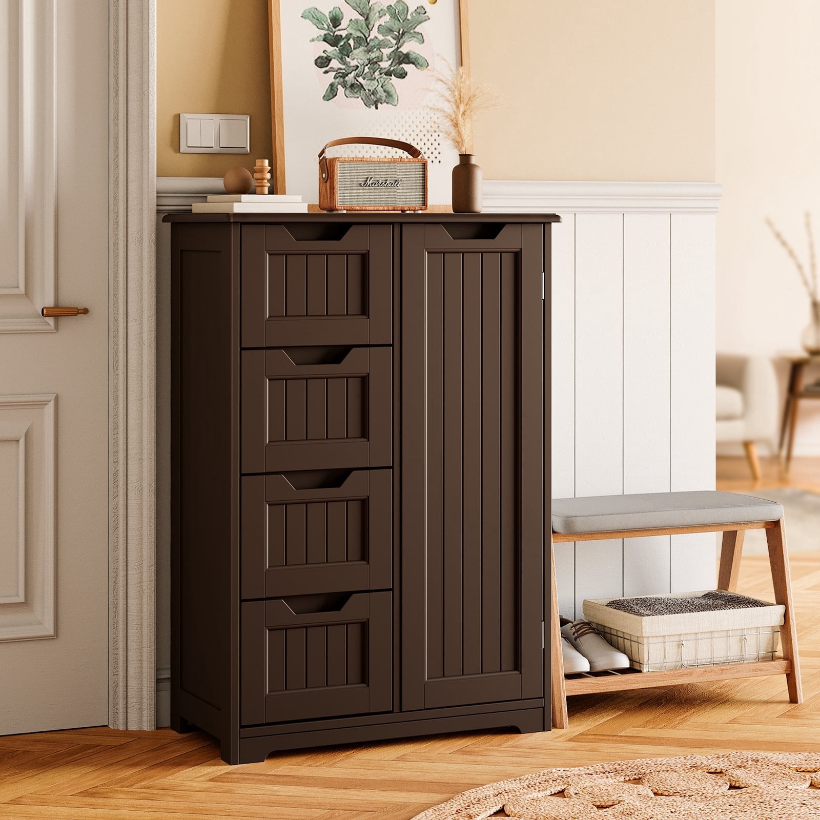 Pantry Cabinet, Lofka 33" Small Kitchen Pantry Storage Cabinet with 1 Door, 2 Shelves, 4 Drawers, Dark Brown
