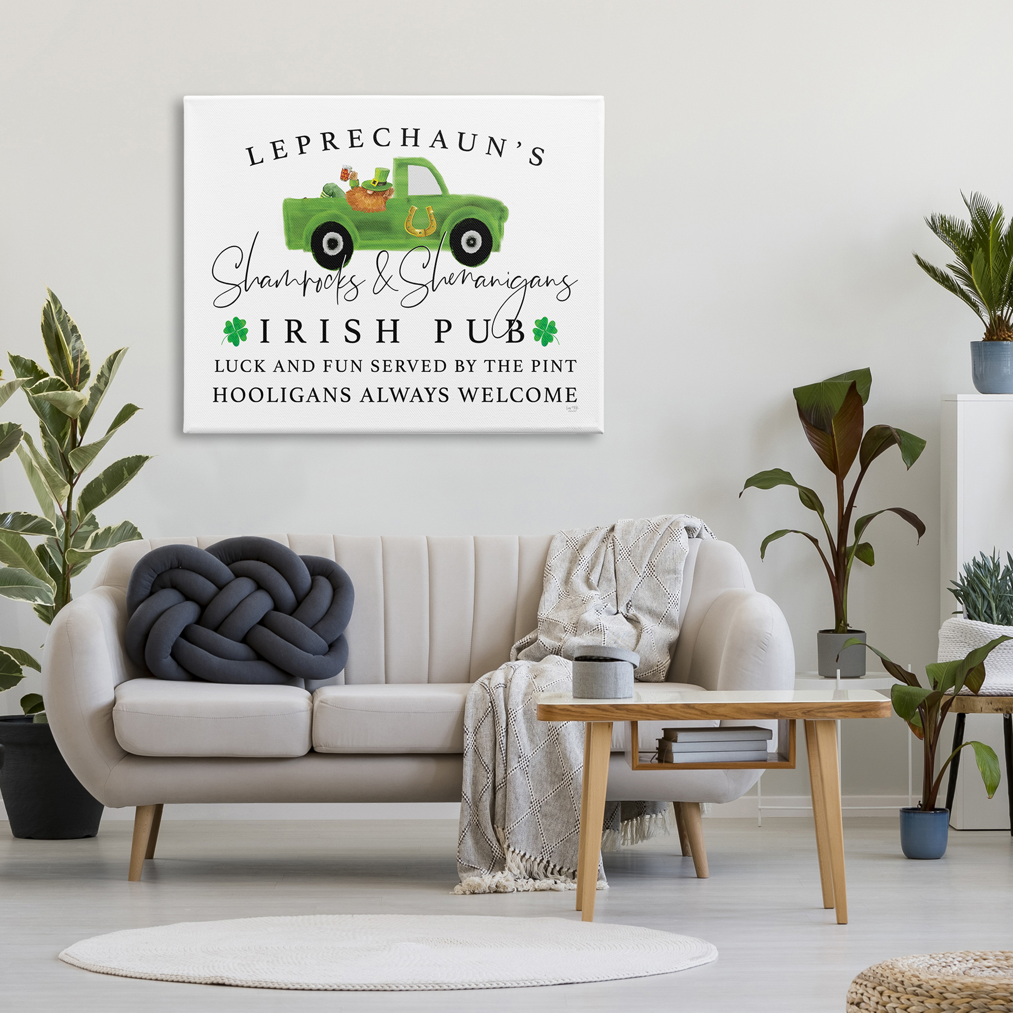 Irish Pub Whimsical Leprechaun Green Shamrock Details Inspirational Graphic Art Gallery-Wrapped Canvas Print Wall Art