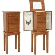 Standing Jewelry Cabinet Armoire 5 Drawers 2 Side Doors and 8 Necklace Hooks Wood Storage Cabinet Chest with Top Storage Organizer Flip Mirror (Brown)