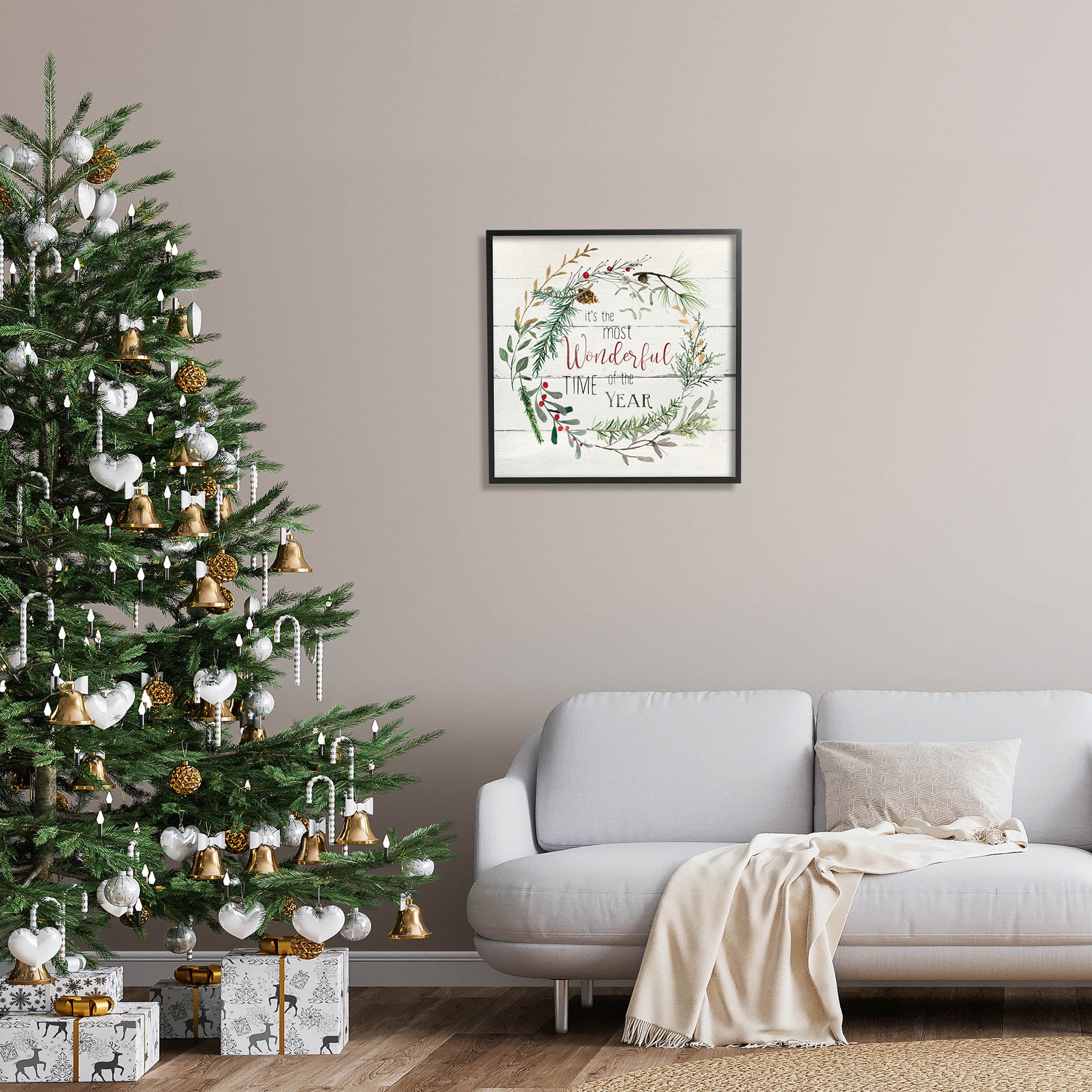 Stupell Industries Most Wonderful Time of Year Wreath Graphic Art Black Framed Art Print Wall Art, Design by Carol Robinson