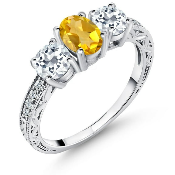 Gem Stone King 2.07 Cttw Yellow Citrine and White Topaz 3-Stone Ring for Women | 925 Sterling Silver | Gemstone Birthstone | Wedding Engagement Anniversary Promise Ring for Women | Size 9