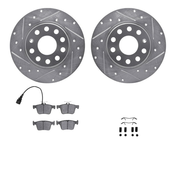 Dynamic Friction Company Rear Brake Rotors-Drilled and Slotted-Silver with 5000 Euro Ceramic Brake Pads includes Hardware 7612-74041