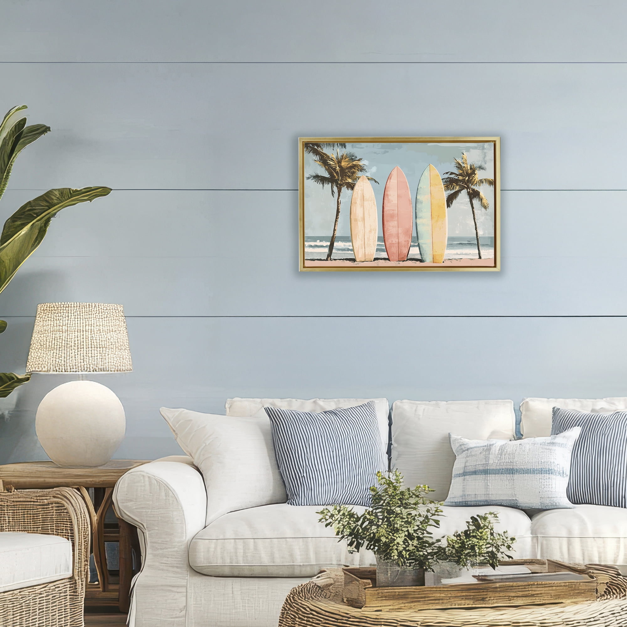 Stupell Industries Paradise Surfboard Trio Gold Framed Floater Canvas Wall Art, design by Petal Prints Design