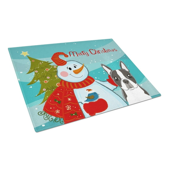 Caroline's Treasures Snowman with Boston Terrier Glass Cutting Board Large