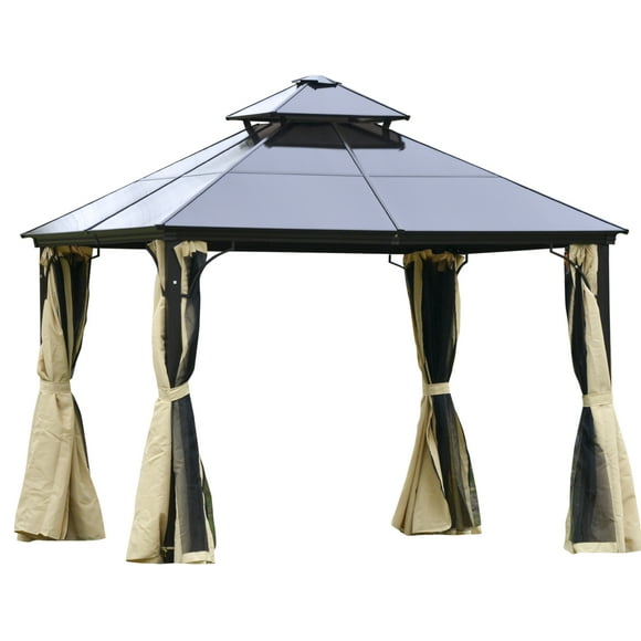 Outsunny 10' x 10' 2-Tier Outdoor Gazebo with Polycarbonate Roof, Beige