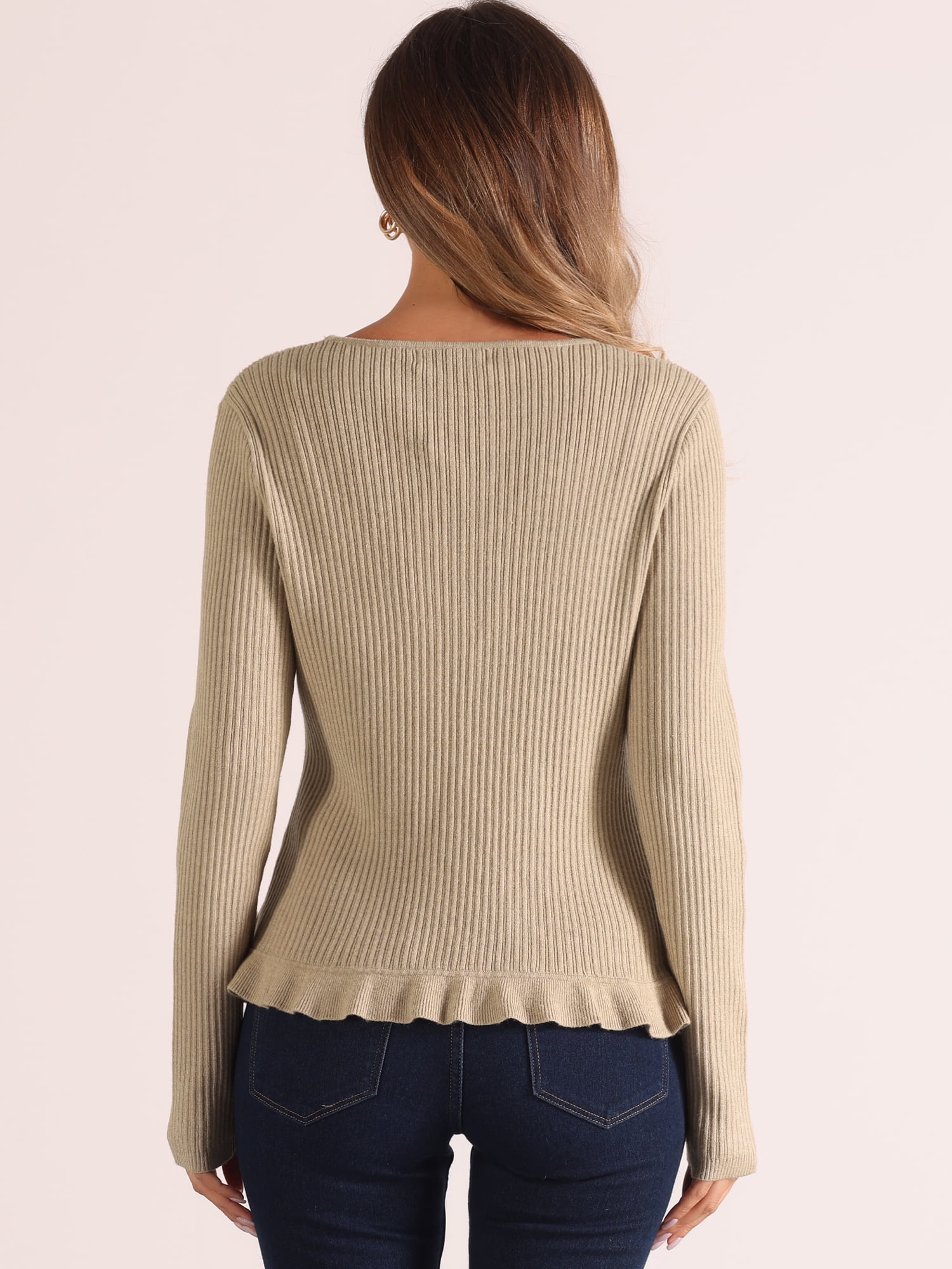 DARING DIVA Women's Ruffle Cardigan V Neck Long Sleeve Open Front Knit Bolero Shrugs M Khaki