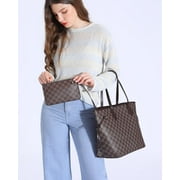 TWENTY FOUR Womens Handbags Checkered Tote Shoulder Bags Fashion Large Travel Shoulder Purses With Wristlet Clutch 2 in 1 Bag Set-Brown (2021)