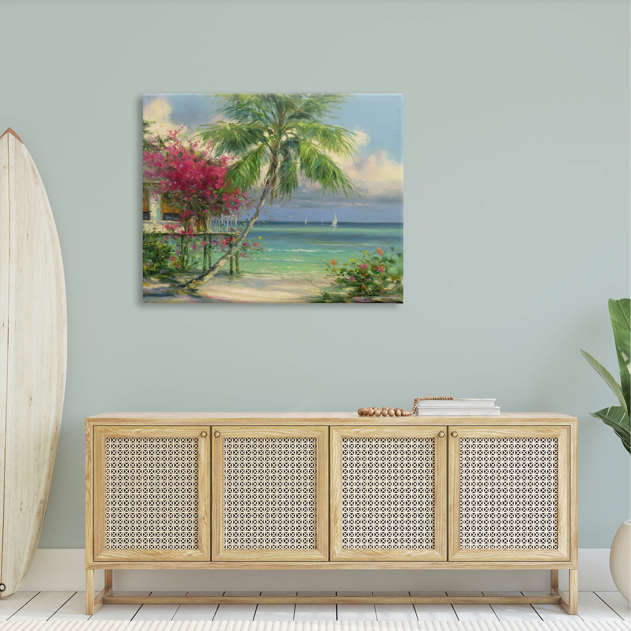 Floral Tropical Summer Vacation Resort Landscape Painting Gallery Wrapped Canvas Print Wall Art