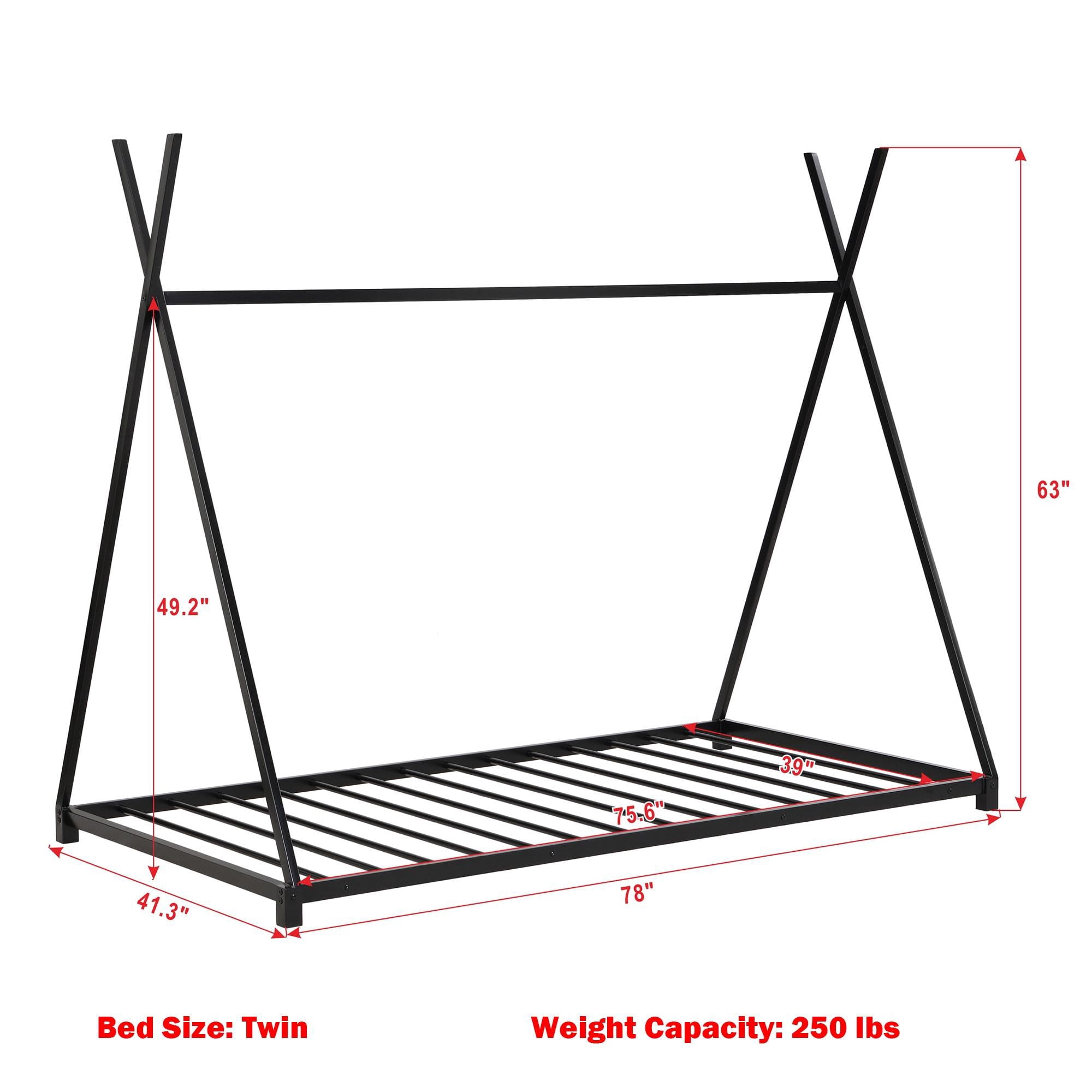 Bellemave Twin Size Montessori Floor Bed Metal Tent Bed Frame with Triangle Structure and Slat Support House Bed Teepee Bed Frame, No Box Spring Needed, Black