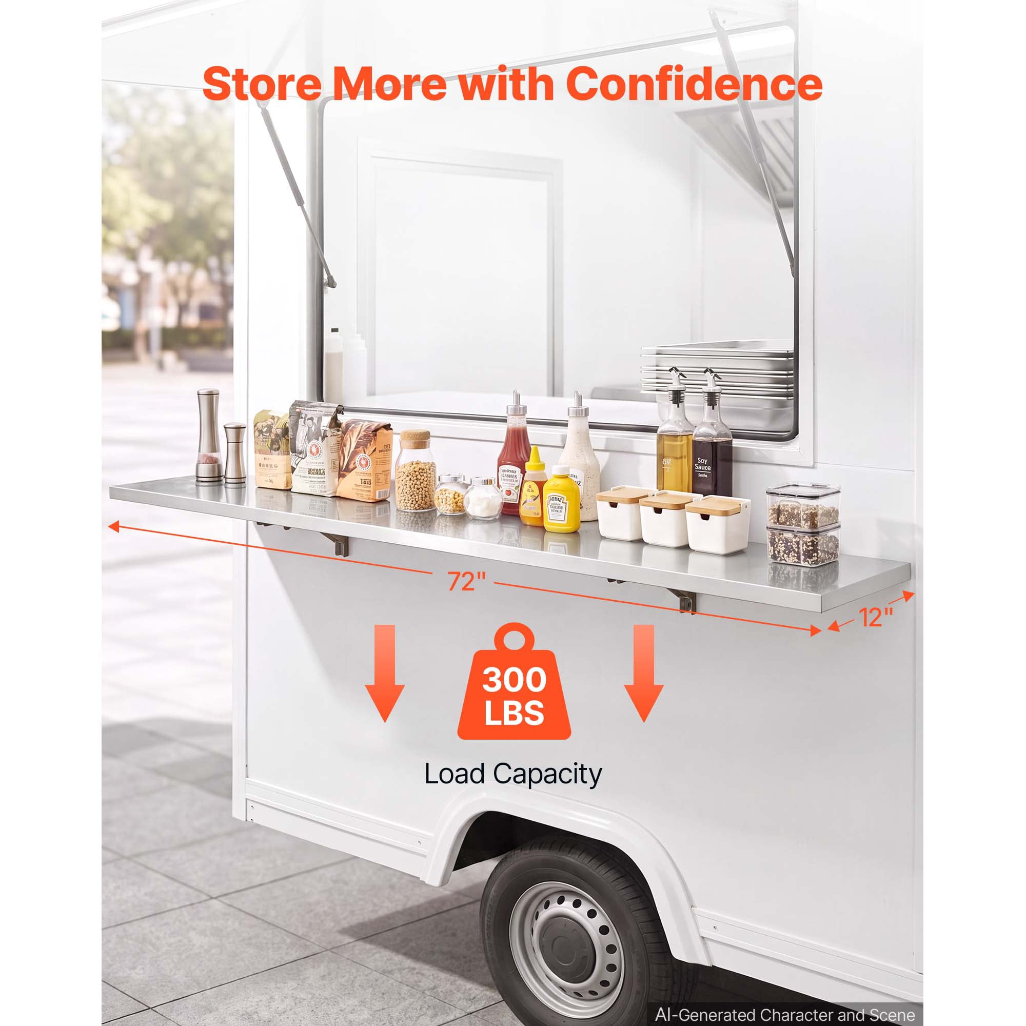 KFFKFF Stainless Steel Foldable Wall Shelf 12" x 72", Durable Commercial Shelving with Brackets, 300 lbs Load Capacity, Easy Maintenance, Ideal for Kitchens, Restaurants, and Garages