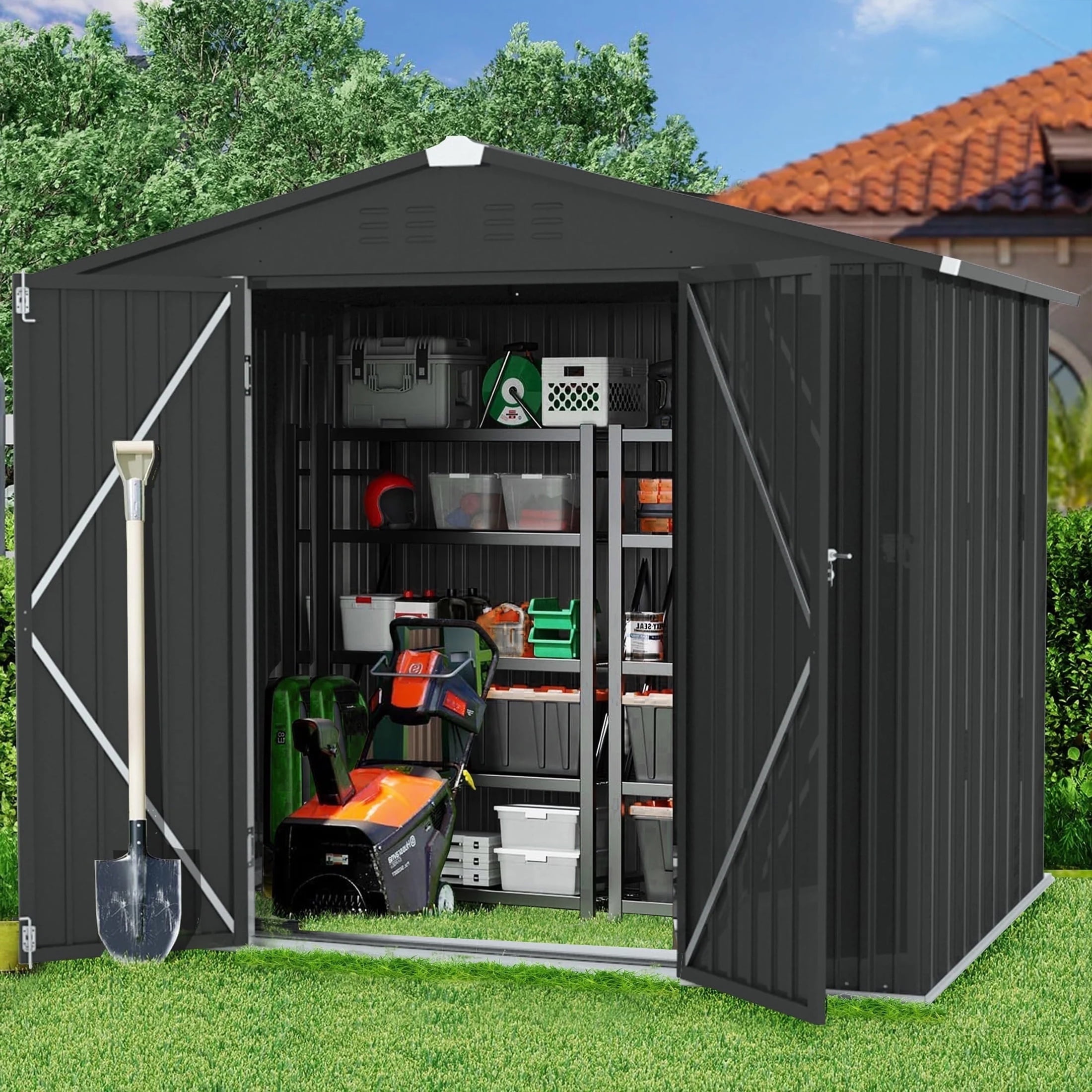 8' x 6' Outdoor Storage Shed with Lockable Door, SESSLIFE Outdoor Storage Cabinet, Black Metal Shed for Garden Backyard
